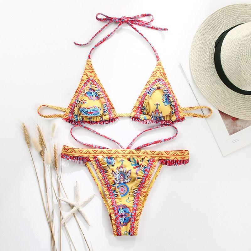 Vintage Print Halter Bikini Set for Women