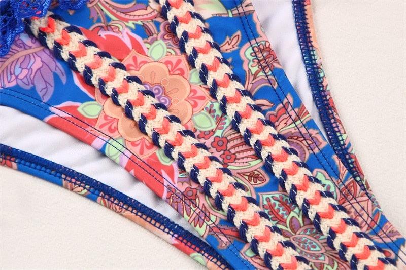 Vintage Print Halter Bikini Set for Women