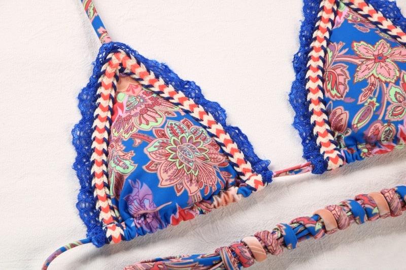 Vintage Print Halter Bikini Set for Women