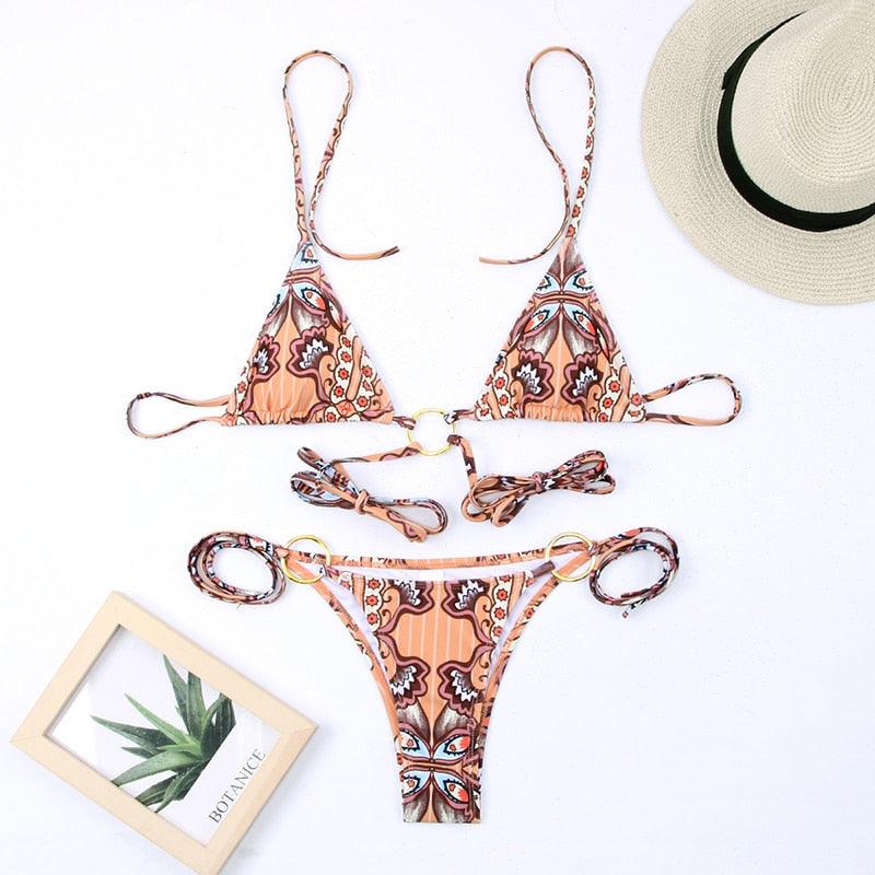 Vintage Print Halter Bikini Set for Women