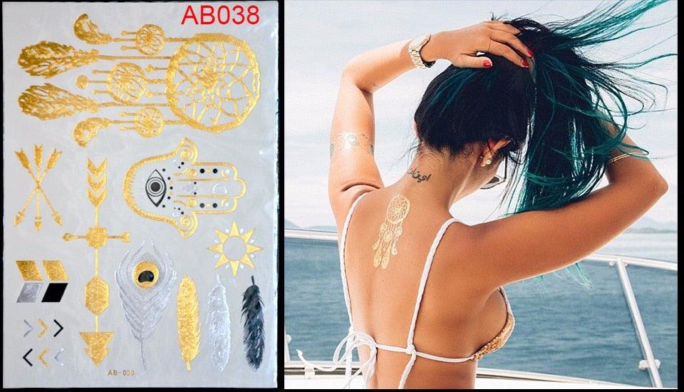 Tatouages temporaires pailletés or et argent - Imperméables et non toxiques