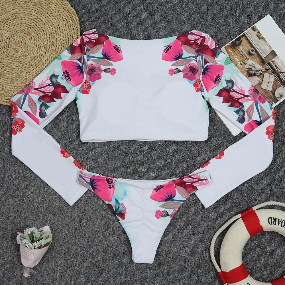 Conjunto de Bikini de Manga Larga con Estampado de Tigre para Mujeres
