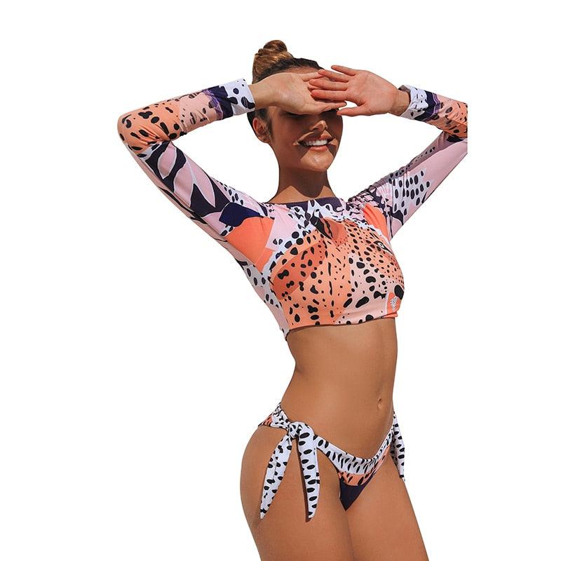 Conjunto de Bikini de Manga Larga con Estampado de Tigre para Mujeres