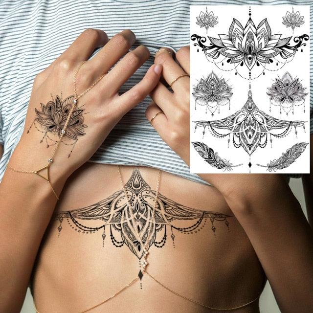 53 Hojas de Tatuajes Temporales de Encaje Negro para Mujeres