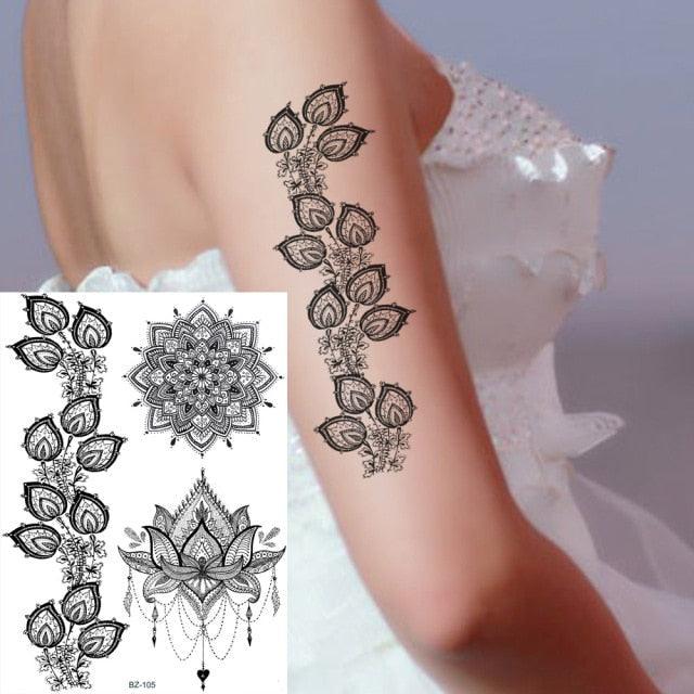 53 Hojas de Tatuajes Temporales de Encaje Negro para Mujeres
