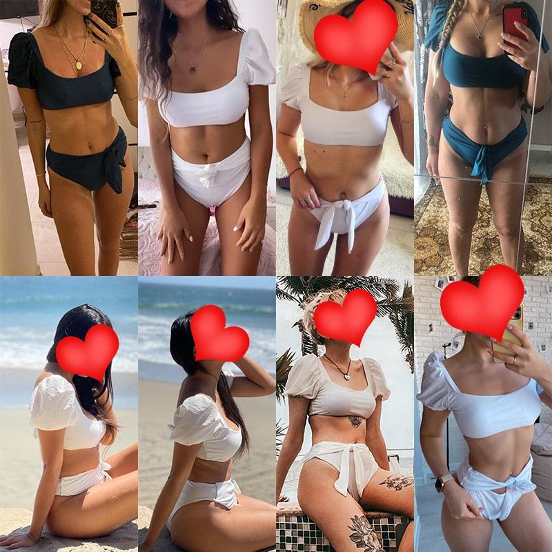 Chic High-Waisted Puff Sleeve Bikini Set for Women - Stylish Summer Swimwear - Korvel