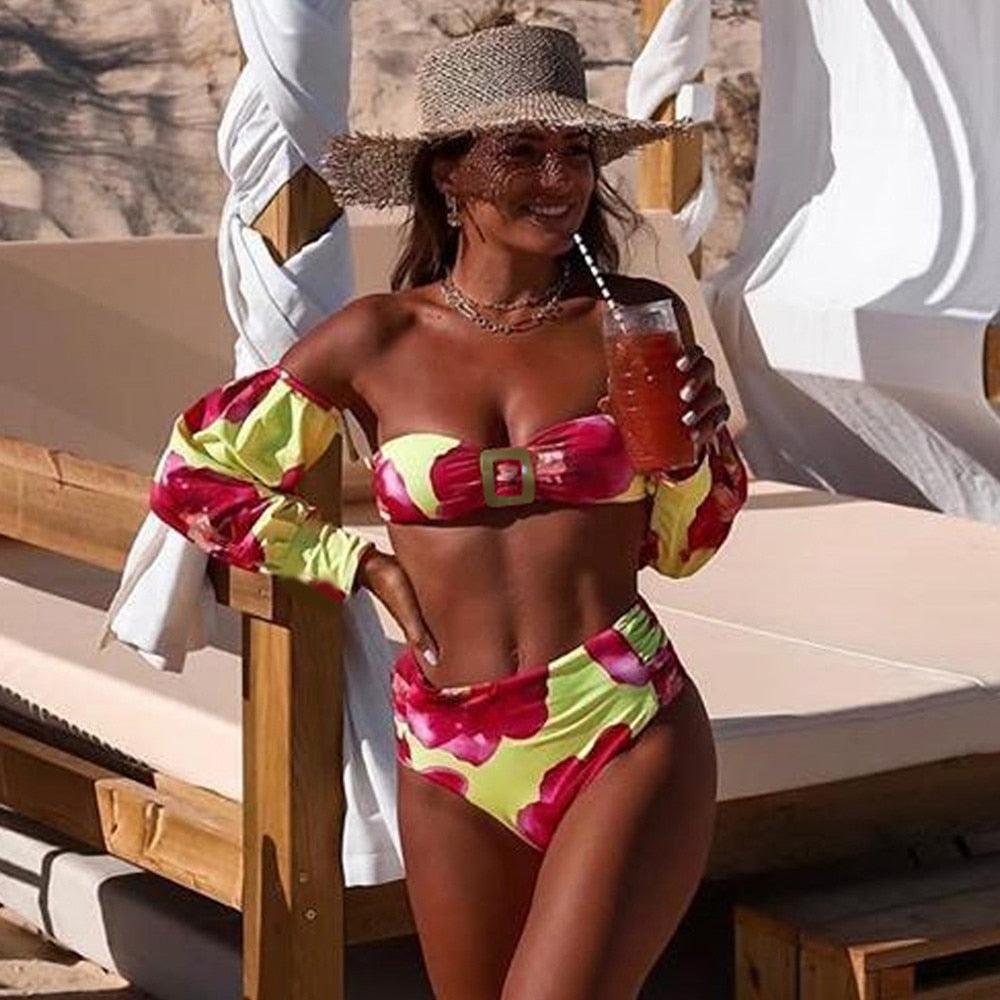 Trendy High Waist Long Sleeve Bikini Set for Women
