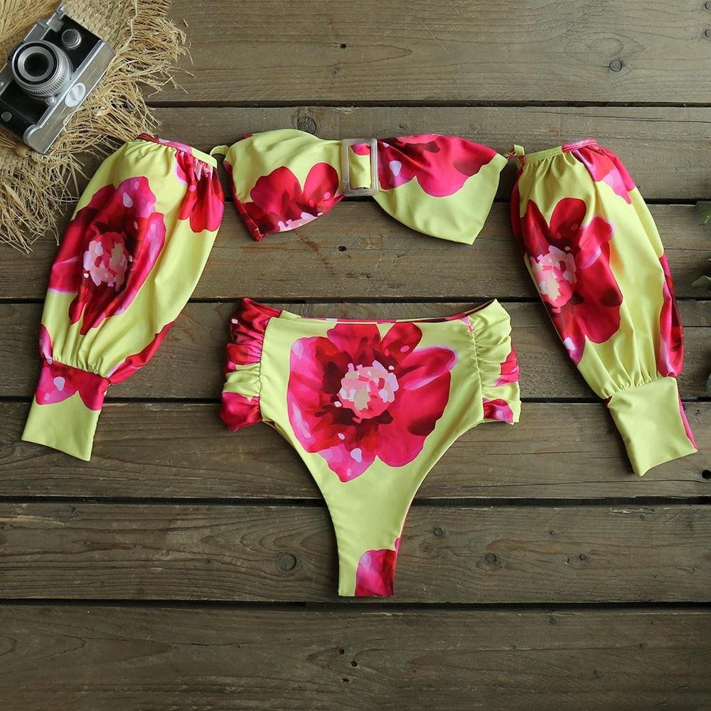Trendy High Waist Long Sleeve Bikini Set for Women