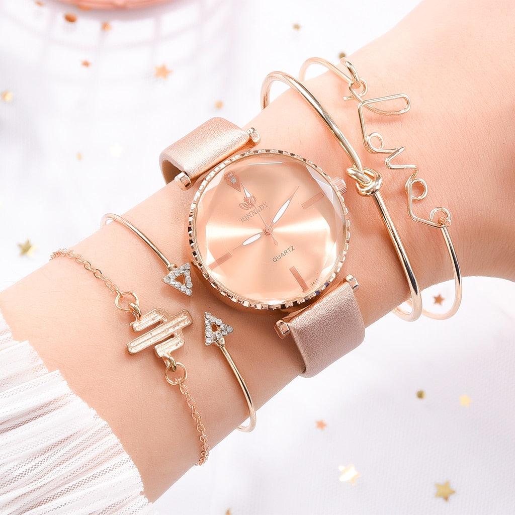 Montre analogique à quartz de luxe pour femmes avec bracelet en cuir élégant