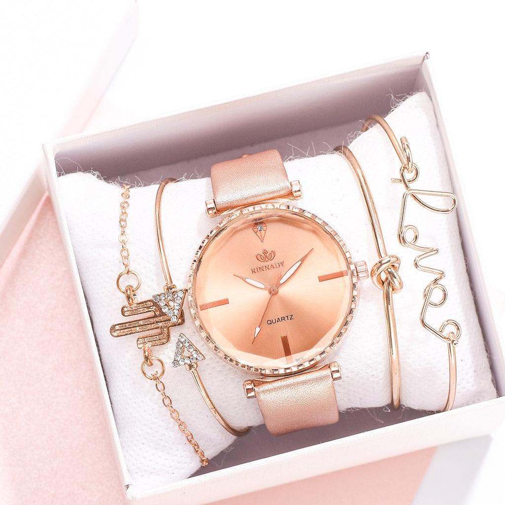 Montre analogique à quartz de luxe pour femmes avec bracelet en cuir élégant