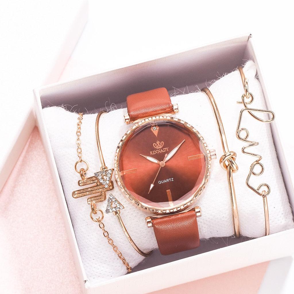 Montre analogique à quartz de luxe pour femmes avec bracelet en cuir élégant