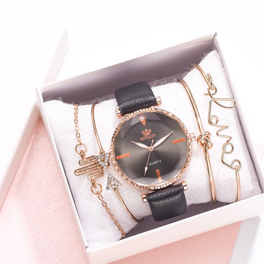 Montre analogique à quartz de luxe pour femmes avec bracelet en cuir élégant