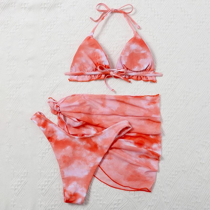 Ensemble de bikini taille haute pour femmes en 3 pièces avec jupe enveloppante