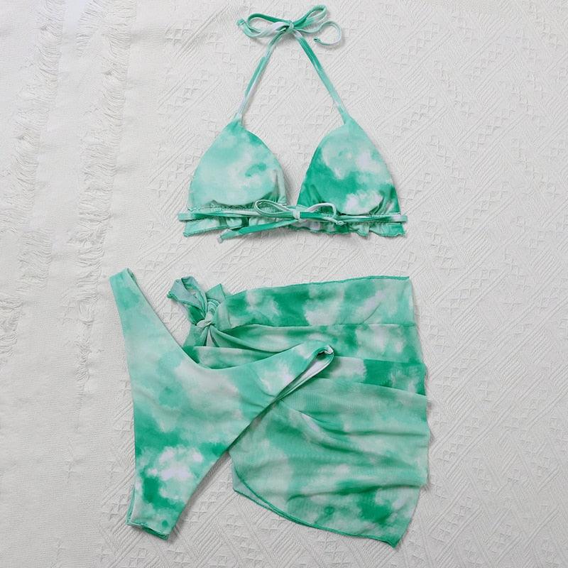 Ensemble de bikini taille haute pour femmes en 3 pièces avec jupe enveloppante