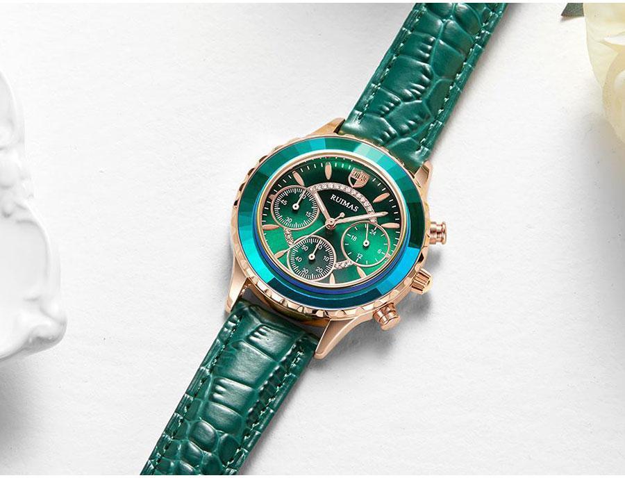 Luxury Green Business Women's Quartz Watch with Leather Strap