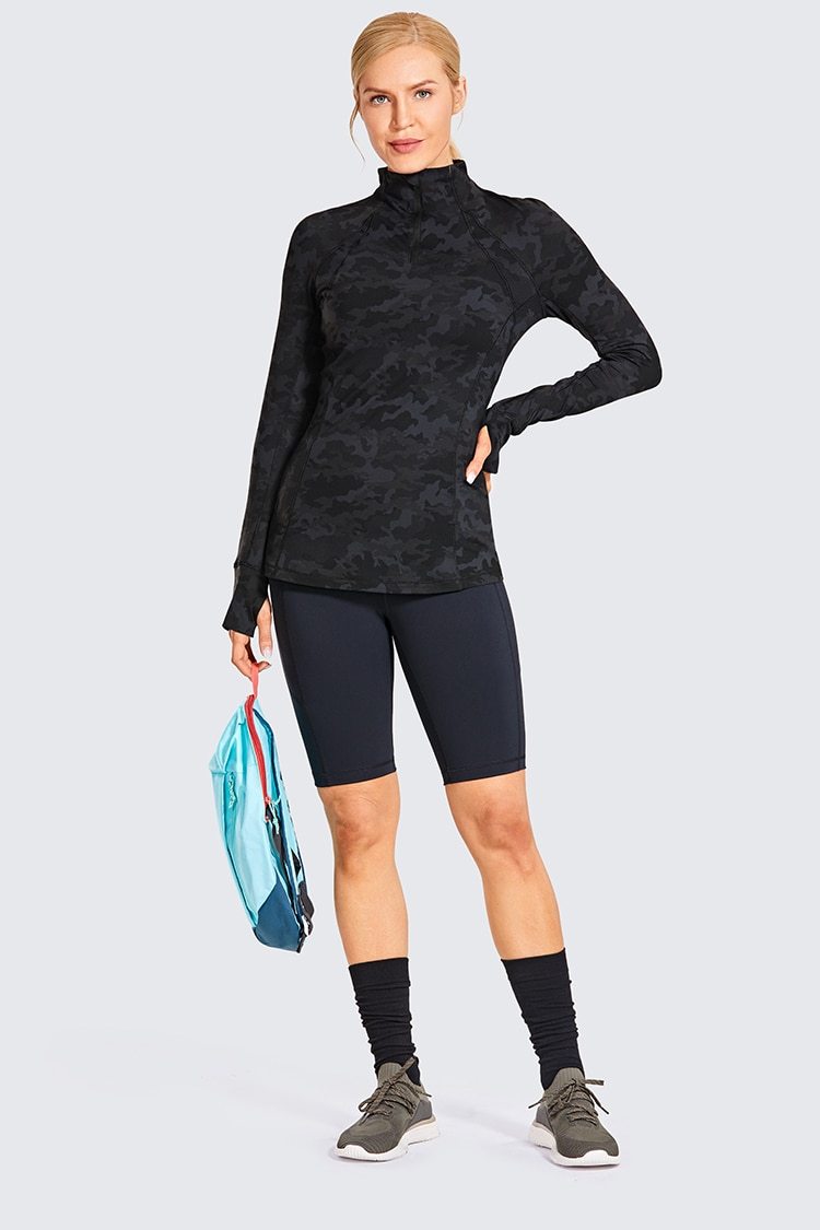 Camisa de entrenamiento deportiva de manga larga con cremallera de cuarto para mujer