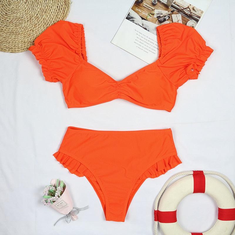 Chic High-Waisted Puff Sleeve Bikini Set for Women - Stylish Summer Swimwear - Korvel