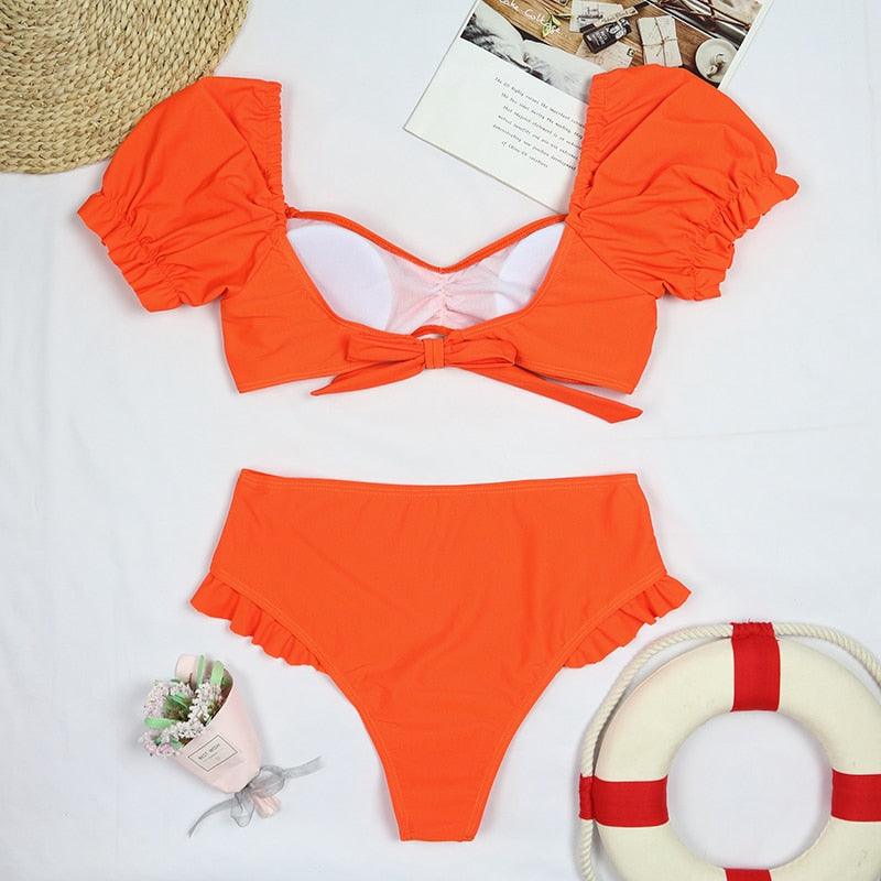 Chic High-Waisted Puff Sleeve Bikini Set for Women - Stylish Summer Swimwear - Korvel