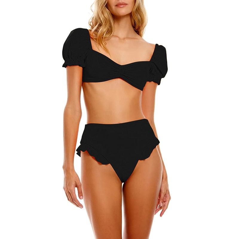 Chic High-Waisted Puff Sleeve Bikini Set for Women - Stylish Summer Swimwear - Korvel