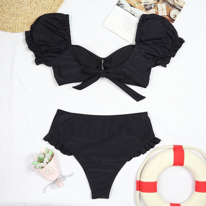Chic High-Waisted Puff Sleeve Bikini Set for Women - Stylish Summer Swimwear - Korvel