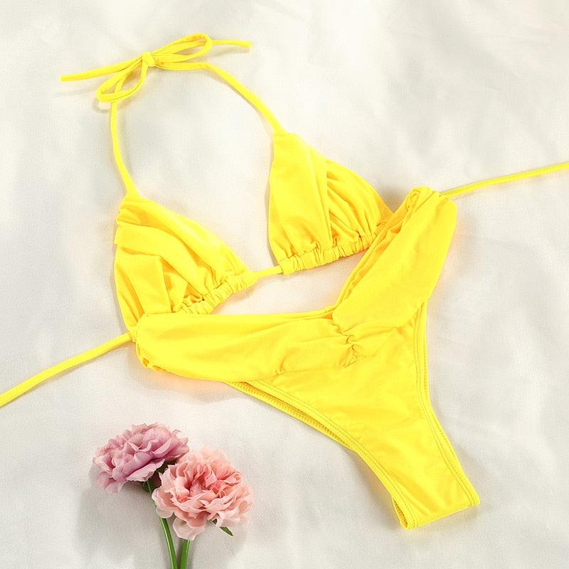 Vintage Print Handwork Bikini Set with Ruffles