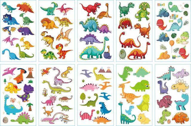 10 piezas de tatuajes temporales de dinosaurios coloridos para niños