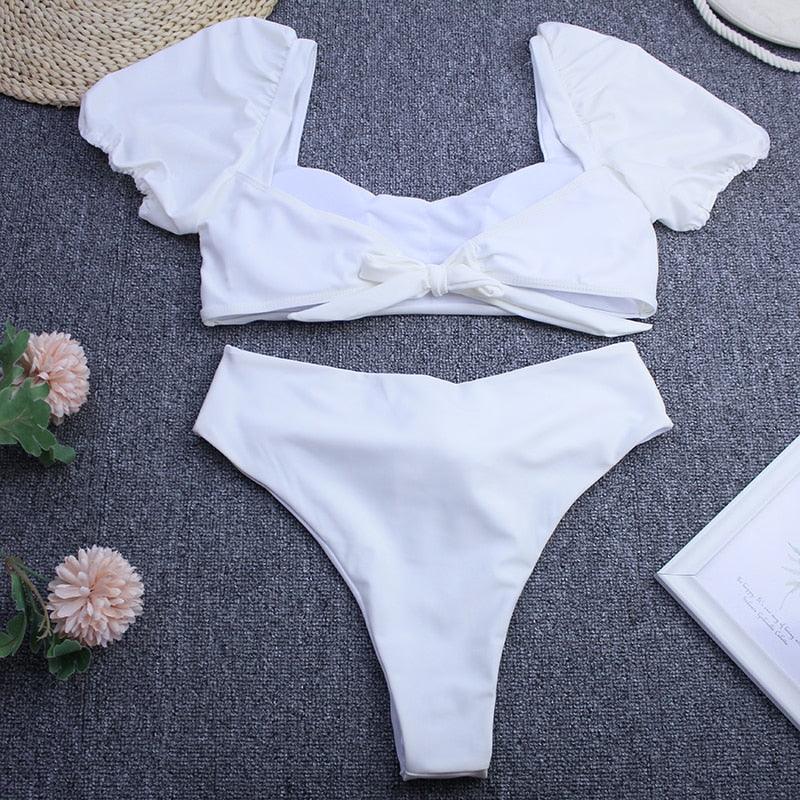 Chic High-Waisted Puff Sleeve Bikini Set for Women - Stylish Summer Swimwear - Korvel