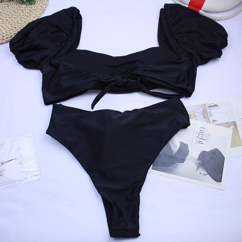 Chic High-Waisted Puff Sleeve Bikini Set for Women - Stylish Summer Swimwear - Korvel
