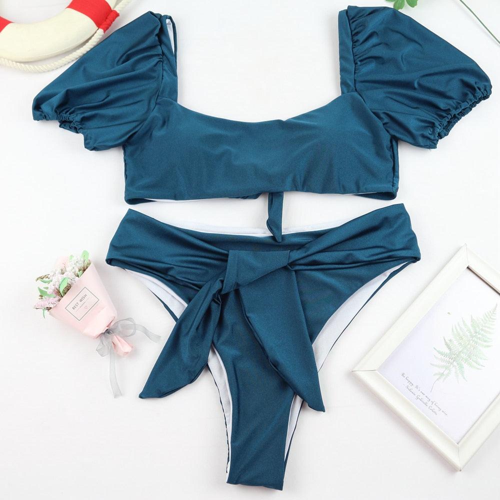 Chic High-Waisted Puff Sleeve Bikini Set for Women - Stylish Summer Swimwear - Korvel