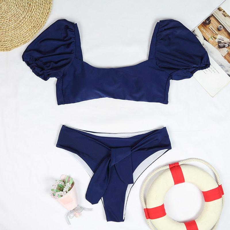 Chic High-Waisted Puff Sleeve Bikini Set for Women - Stylish Summer Swimwear - Korvel