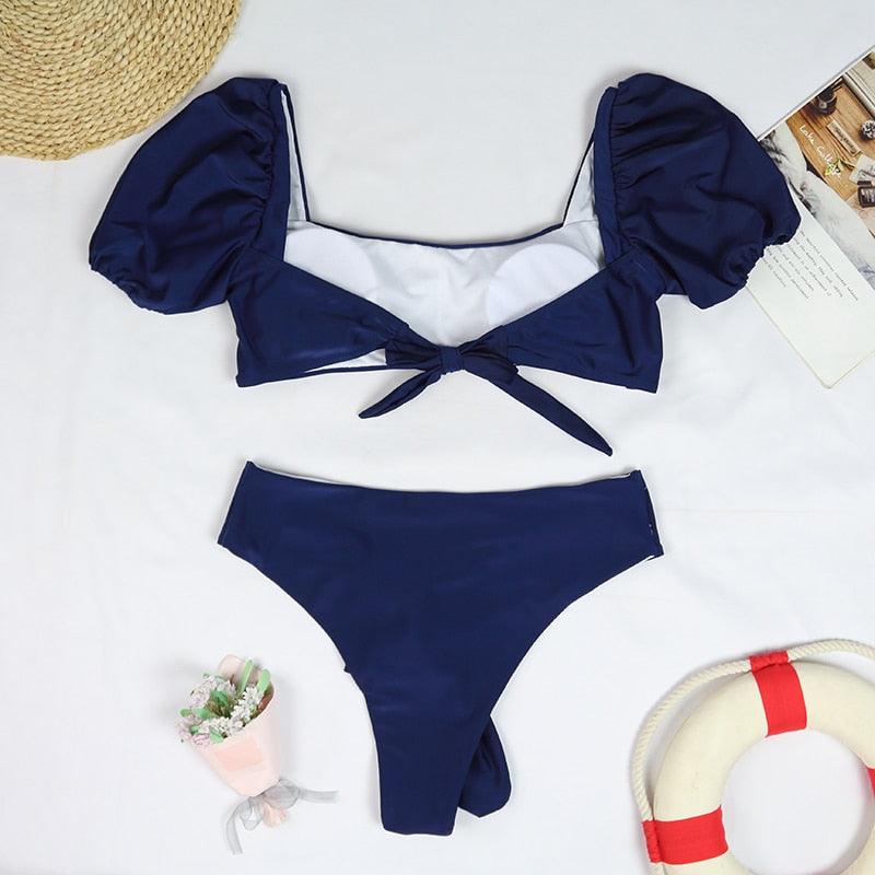 Chic High-Waisted Puff Sleeve Bikini Set for Women - Stylish Summer Swimwear - Korvel