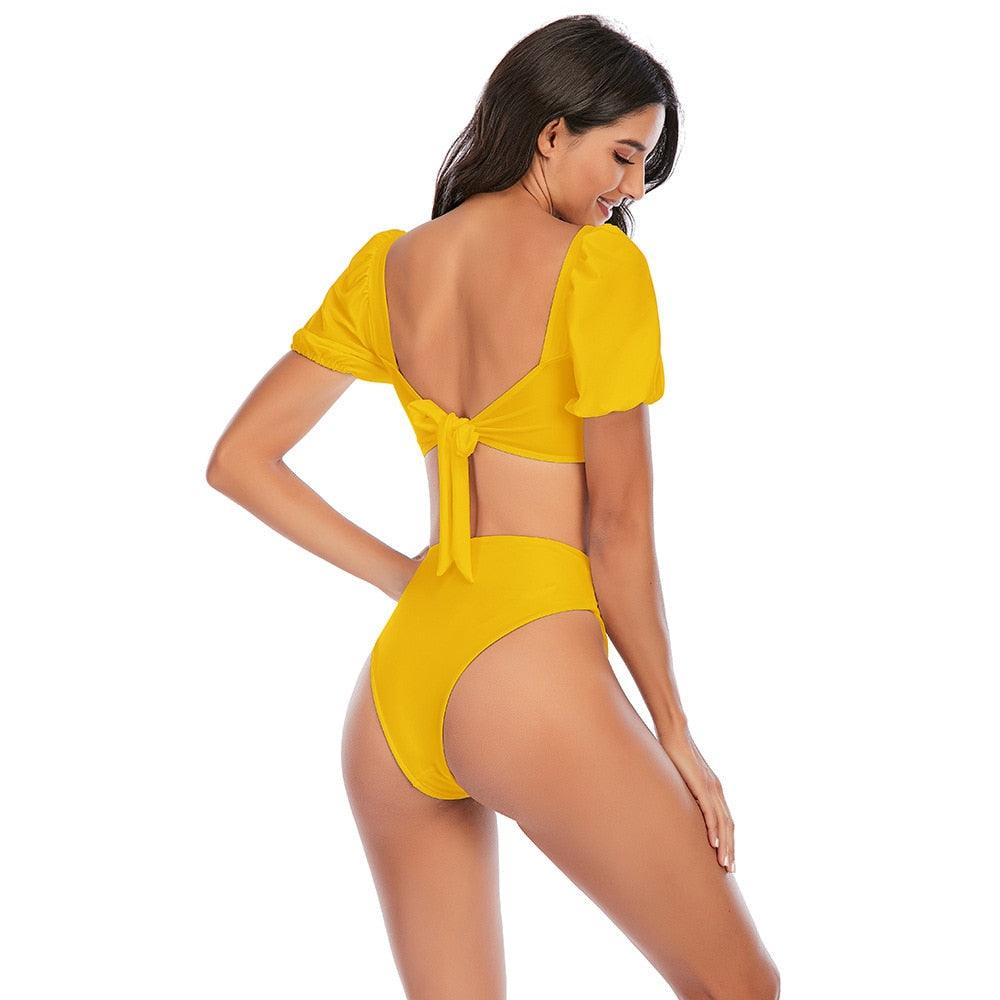 Chic High-Waisted Puff Sleeve Bikini Set for Women - Stylish Summer Swimwear - Korvel