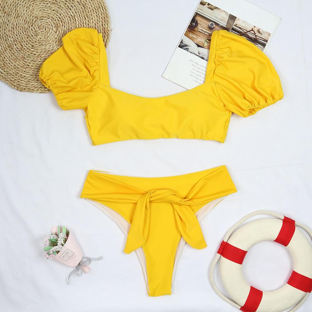 Chic High-Waisted Puff Sleeve Bikini Set for Women - Stylish Summer Swimwear - Korvel