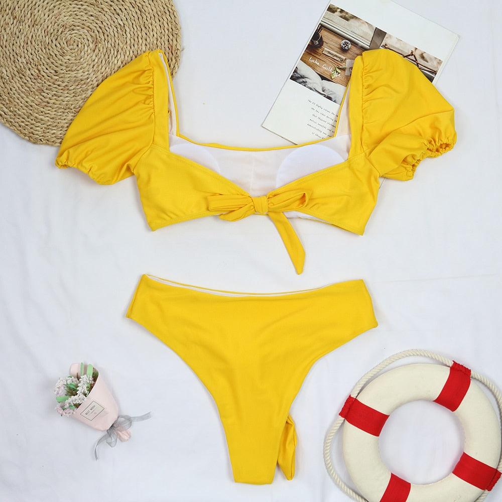 Chic High-Waisted Puff Sleeve Bikini Set for Women - Stylish Summer Swimwear - Korvel