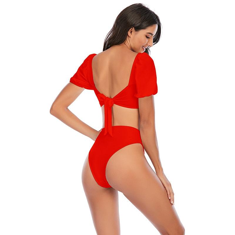 Chic High-Waisted Puff Sleeve Bikini Set for Women - Stylish Summer Swimwear - Korvel
