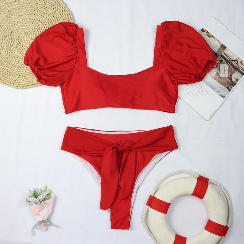Chic High-Waisted Puff Sleeve Bikini Set for Women - Stylish Summer Swimwear - Korvel