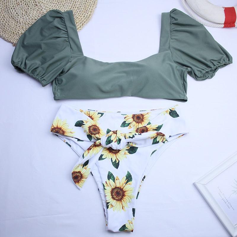 Chic High-Waisted Puff Sleeve Bikini Set for Women - Stylish Summer Swimwear - Korvel