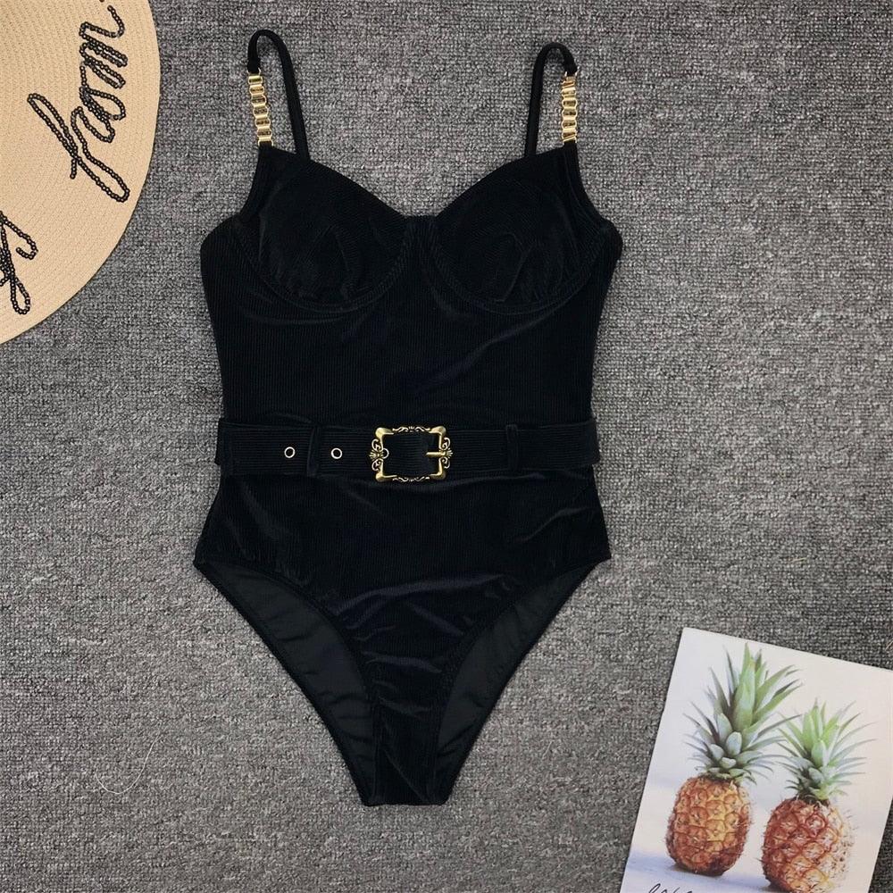 Elegant Black One-Piece Swimsuit with Ruffles