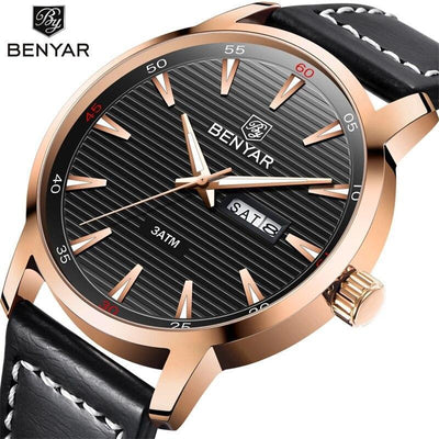 Stylish Black Analog Quartz Men's Watch with Leather Strap - Waterproof Luxury Timepiece - Korvel