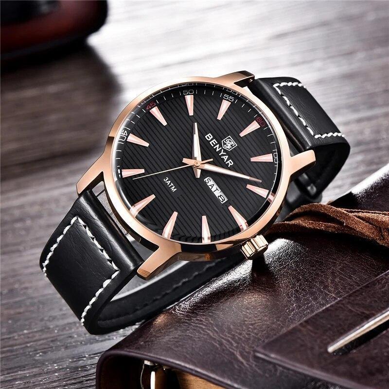 Stylish Black Analog Quartz Men's Watch with Leather Strap - Waterproof Luxury Timepiece - Korvel