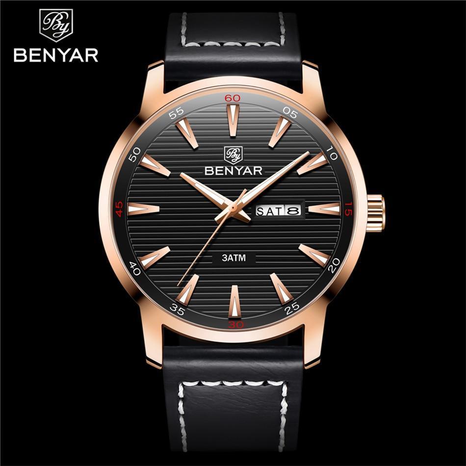 Stylish Black Analog Quartz Men's Watch with Leather Strap - Waterproof Luxury Timepiece - Korvel