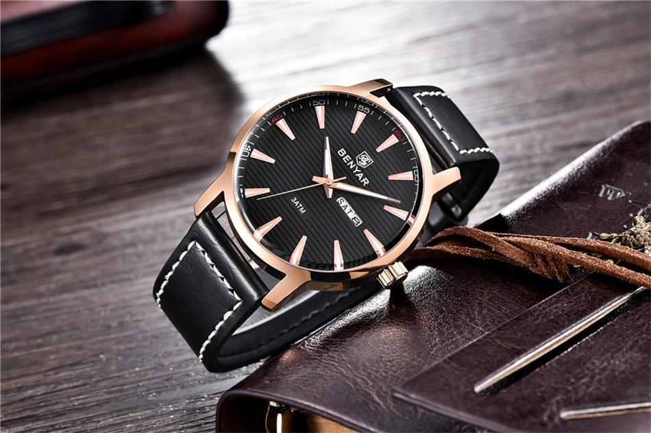 Stylish Black Analog Quartz Men's Watch with Leather Strap - Waterproof Luxury Timepiece - Korvel