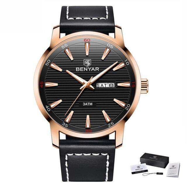 Stylish Black Analog Quartz Men's Watch with Leather Strap - Waterproof Luxury Timepiece - Korvel