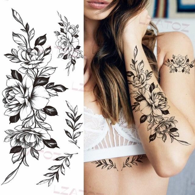 Tatouages Temporaires Fleurs Noires Réalistes pour Femmes