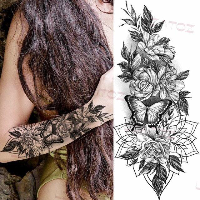 Tatouages Temporaires Fleurs Noires Réalistes pour Femmes