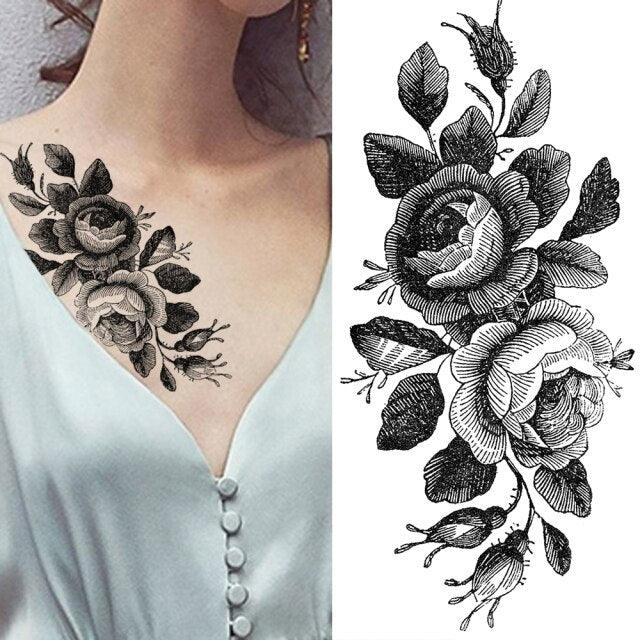 Tatouages Temporaires Fleurs Noires Réalistes pour Femmes
