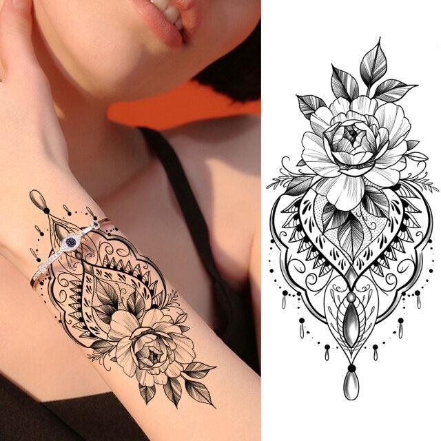 Tatouages Temporaires Fleurs Noires Réalistes pour Femmes
