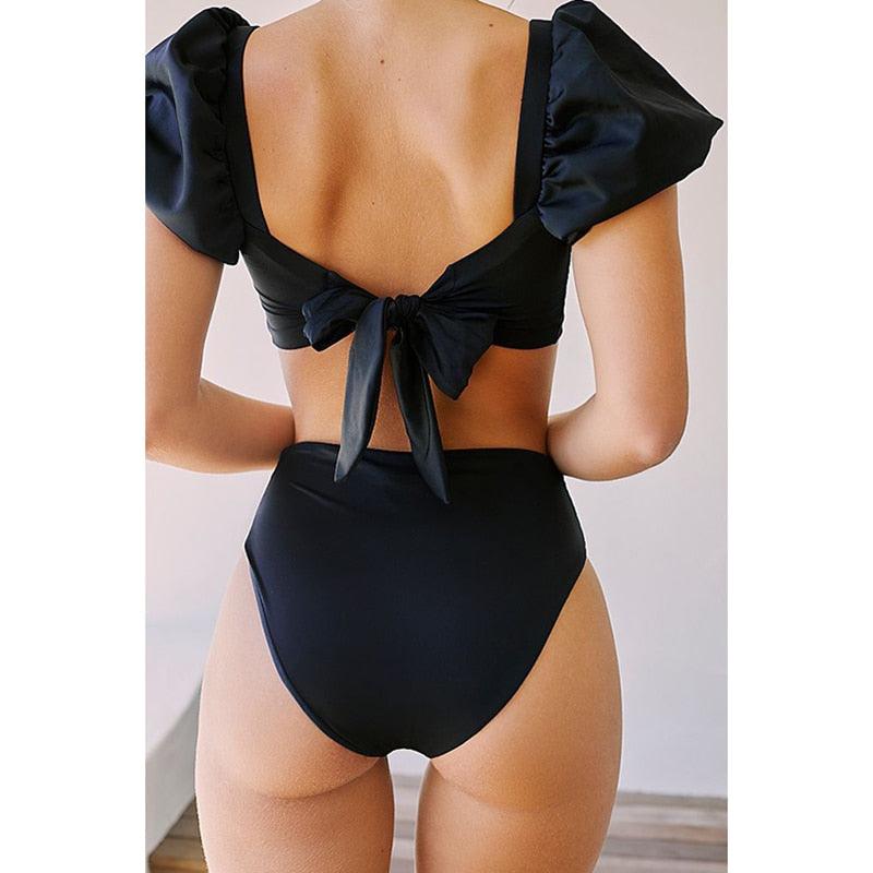 Chic High-Waisted Puff Sleeve Bikini Set for Women - Stylish Summer Swimwear - Korvel