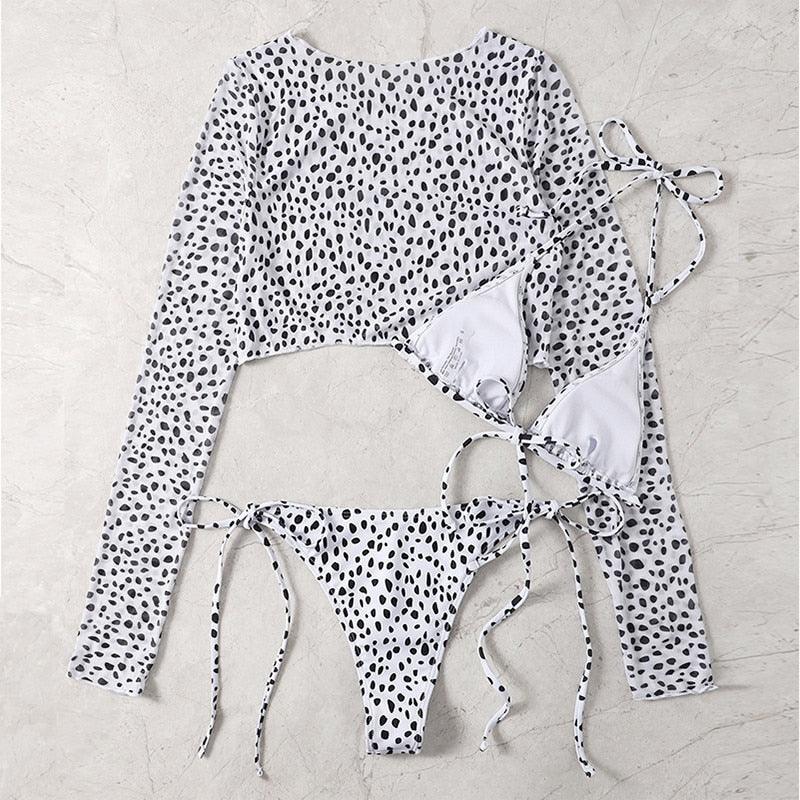 Leopard Print 3 Piece Swimsuit Set with Long Sleeves