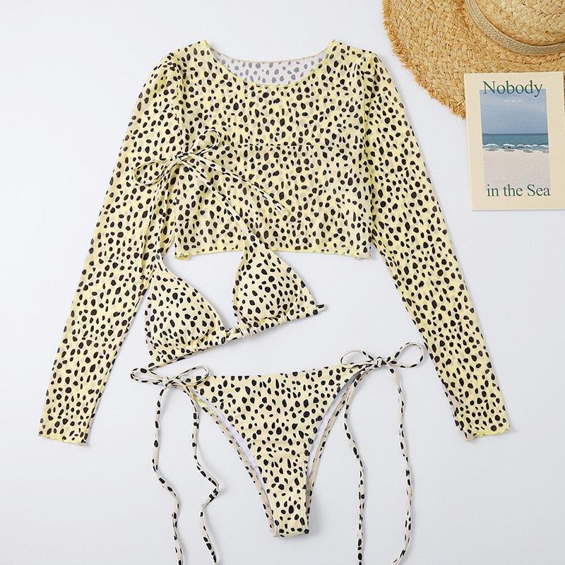 Leopard Print 3 Piece Swimsuit Set with Long Sleeves
